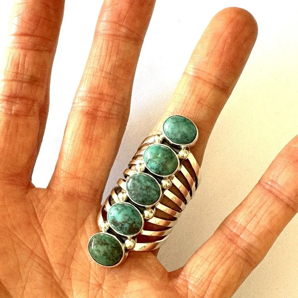 Long Navajo Ring Sz 9 Signed Yazzie Turquoise Sterling Native American 5 Stone